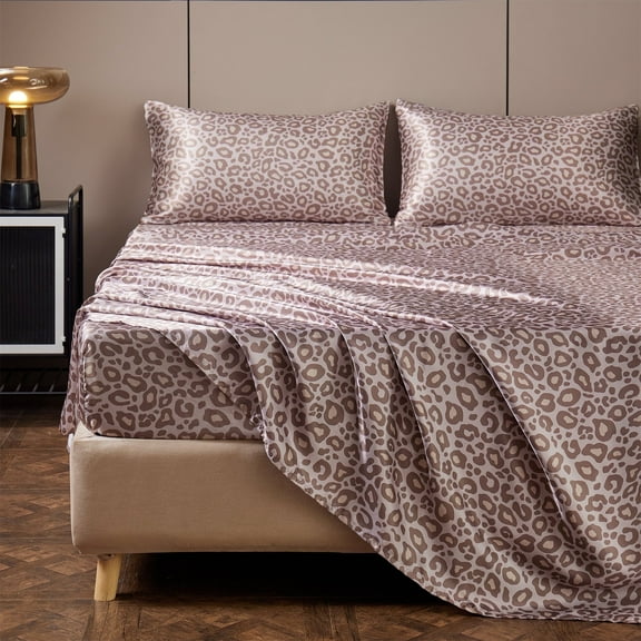 ANMINY Satin Sheets Twin Silk Sheets Pink Leopard Bed Sheet Set Deep Pocket Bed Flat Fitted Sheet, 3-Pieces