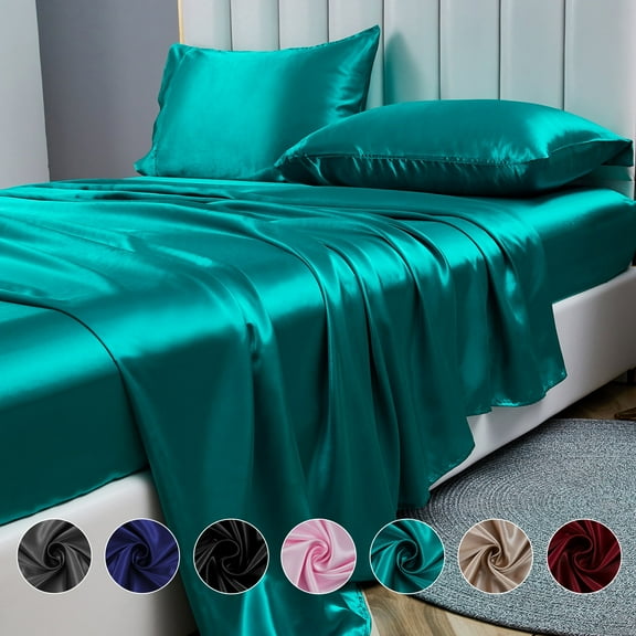 ANMINY Satin Sheets Twin Silk Sheets Turquoise Bed Sheet Set Deep Pocket Bed Flat Fitted Sheet, 3-Pieces