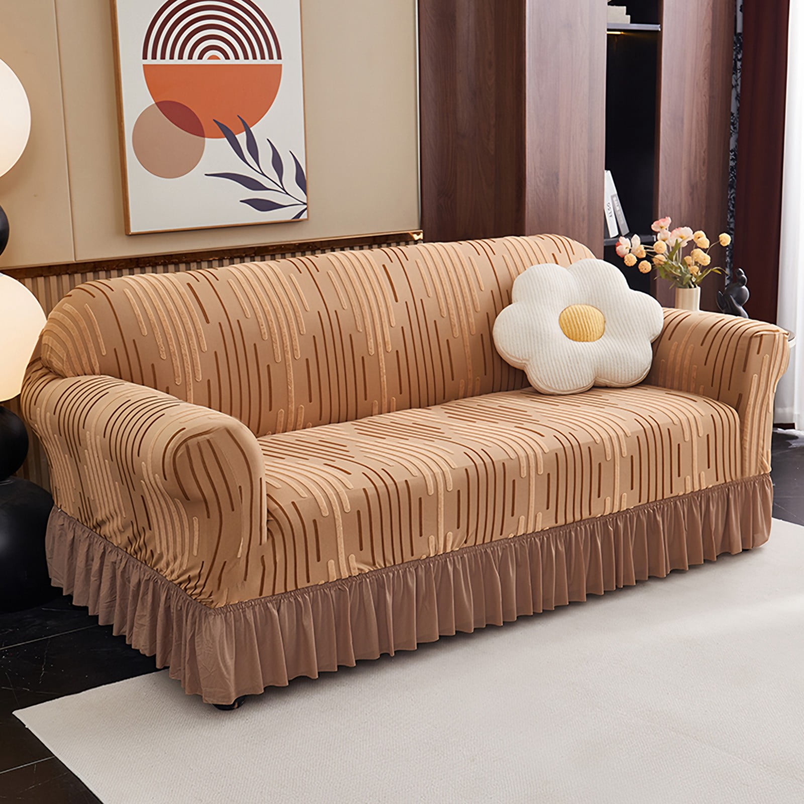 ANMINY Stretch Sofa Slipcover with Skirt Non-Slip Jacquard Universal Soft Sofa Cover with Elastic Bottom Couch Protector 1-Seater (35.4"–55.1")