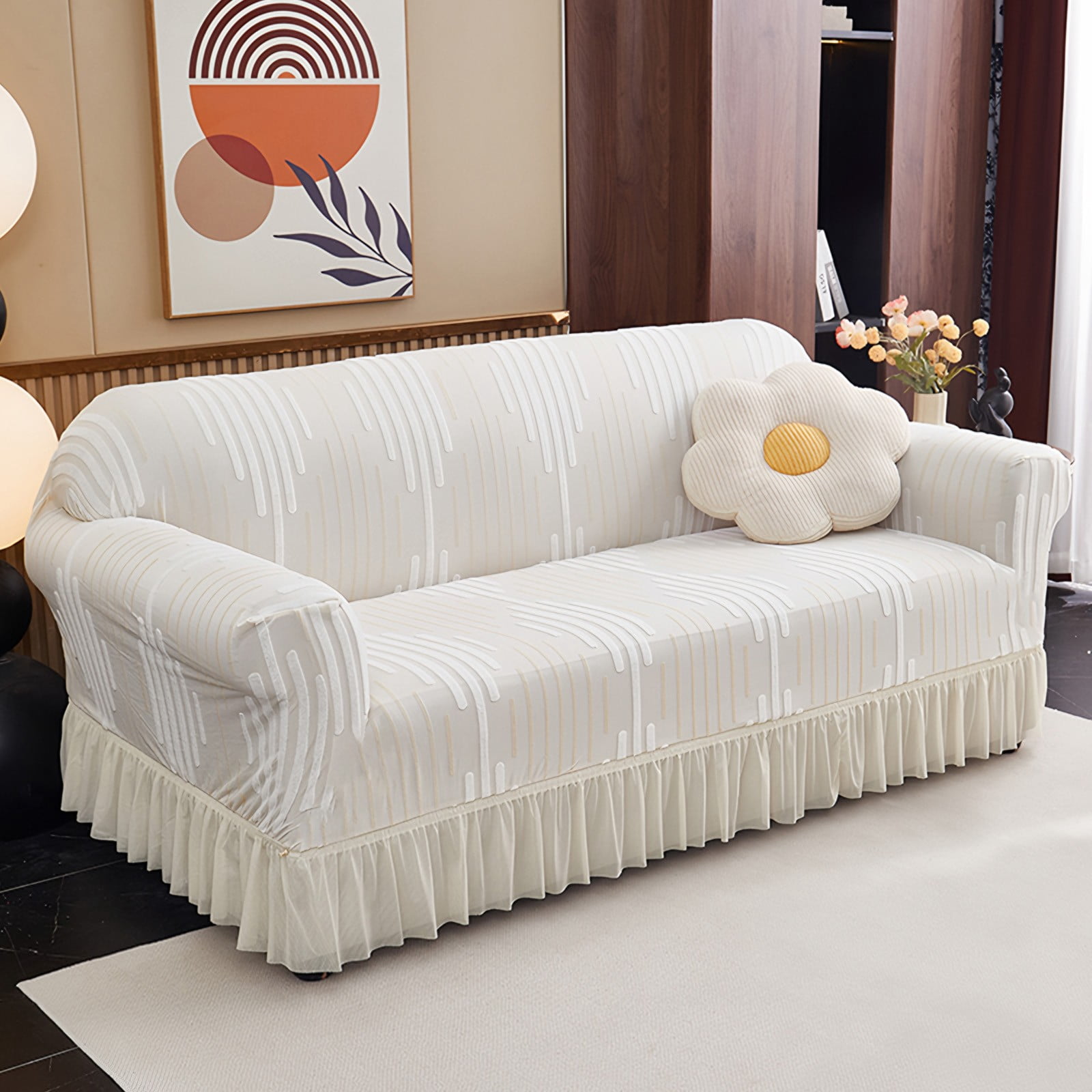 ANMINY Stretch Sofa Slipcover with Skirt Non-Slip Jacquard Universal Soft Sofa Cover with Elastic Bottom Couch Protector 4-Seater (92.5"–118.1")