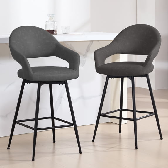 ANMINY Swivel Bar Stools PU Leather Upholstered Modern Bar Chairs, Set of 2, 26" Counter Height Bar Stools with Hollow Back Island Stools for Home Bar Kitchen Pub