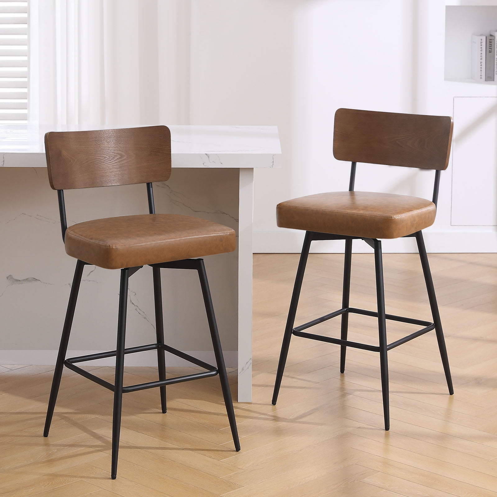 ANMINY Swivel Bar Stools Set of 2, 29" Seat Height, Upholstered Faux Leather Counter Barstools with Wood Backs and Metal Legs, Counter Height Bar Stool for Kitchen Island
