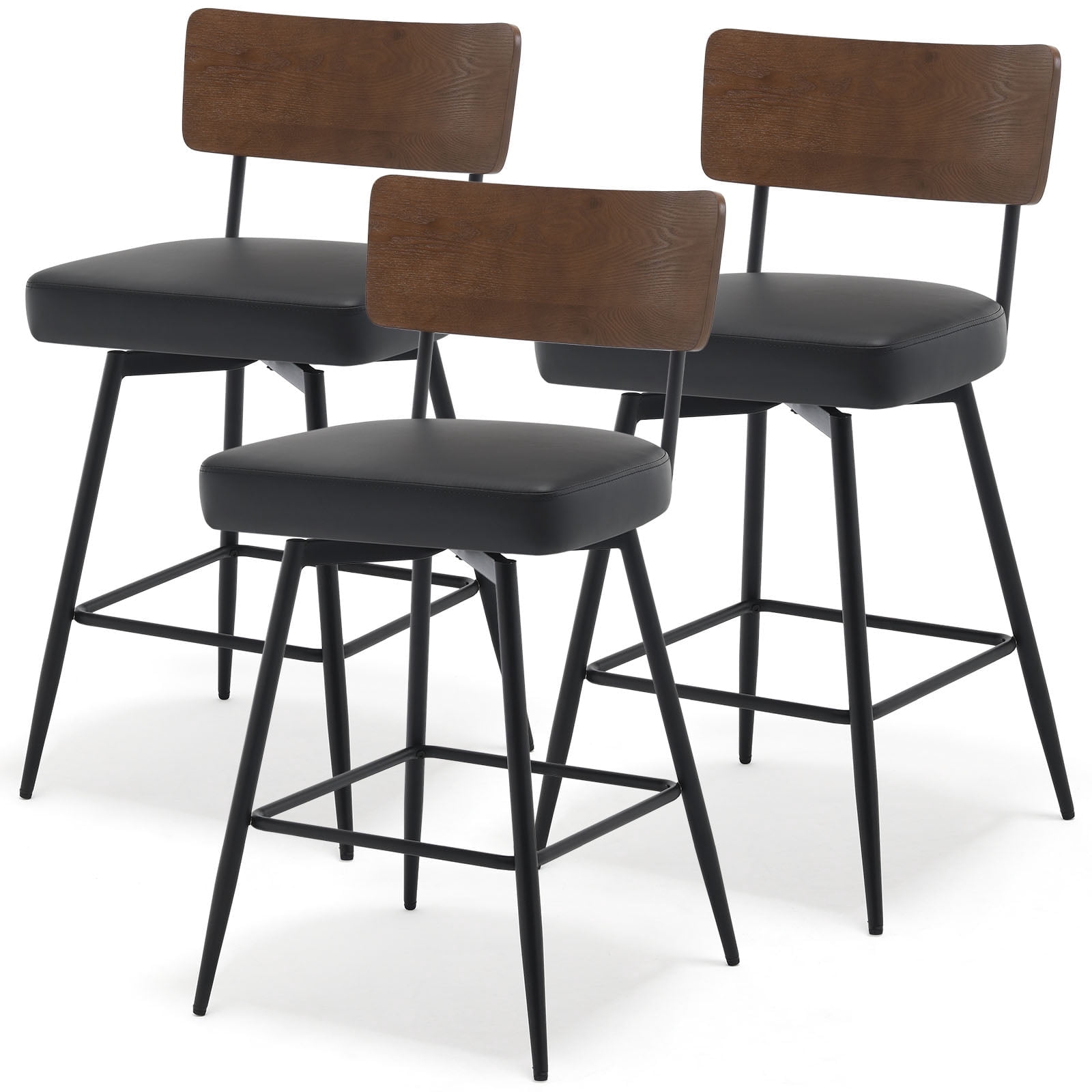 ANMINY Swivel Bar Stools Set of 3, 26" Seat Height, Upholstered Faux Leather Counter Barstools with Wood Backs and Metal Legs, Counter Height Bar Stool for Kitchen Island