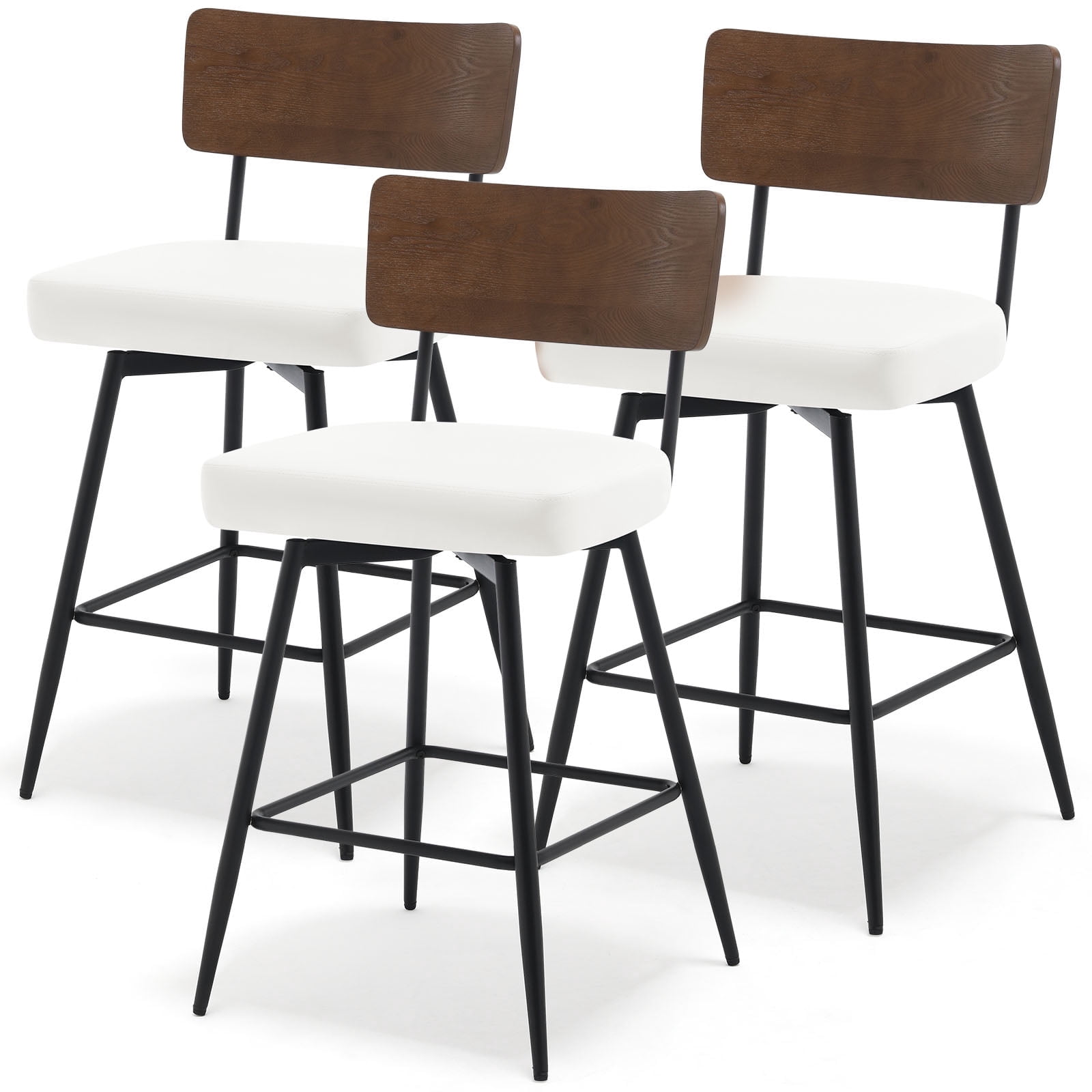 ANMINY Swivel Bar Stools Set of 3, 26" Seat Height, Upholstered Faux Leather Counter Barstools with Wood Backs and Metal Legs, Counter Height Bar Stool for Kitchen Island