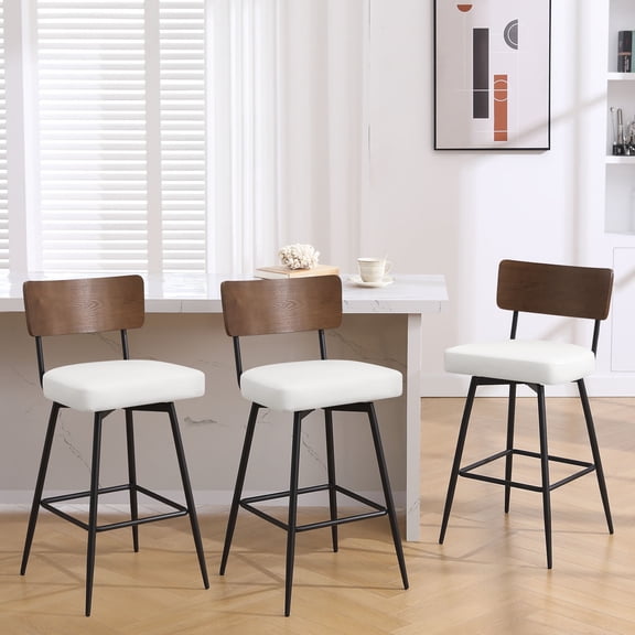 ANMINY Swivel Bar Stools Set of 3, 29" Seat Height, Upholstered Faux Leather Counter Barstools with Wood Backs and Metal Legs, Counter Height Bar Stool for Kitchen Island