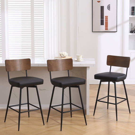 ANMINY Swivel Bar Stools Set of 3, 29" Seat Height, Upholstered Faux Leather Counter Barstools with Wood Backs and Metal Legs, Counter Height Bar Stool for Kitchen Island