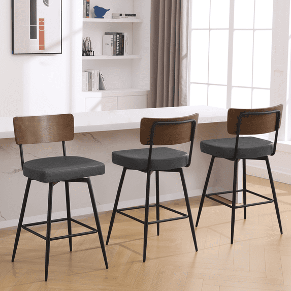 ANMINY Swivel Bar Stools Set of 3, 29" Seat Height, Upholstered Faux Leather Counter Barstools with Wood Backs and Metal Legs, Counter Height Bar Stool for Kitchen Island