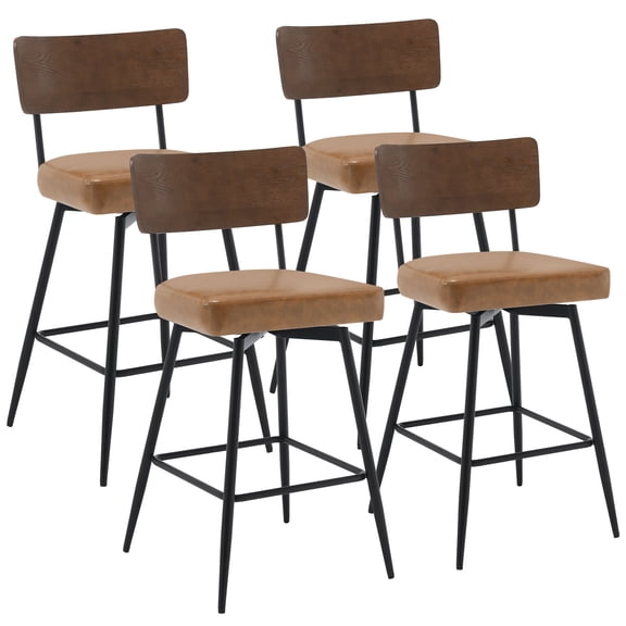 ANMINY Swivel Bar Stools Set of 4, 26" Seat Height, Upholstered Faux Leather Counter Barstools with Wood Backs and Metal Legs, Counter Height Bar Stool for Kitchen Island