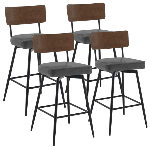 ANMINY Swivel Bar Stools Set of 4, 29" Seat Height, Upholstered Faux Leather Counter Barstools with Wood Backs and Metal Legs, Counter Height Bar Stool for Kitchen Island