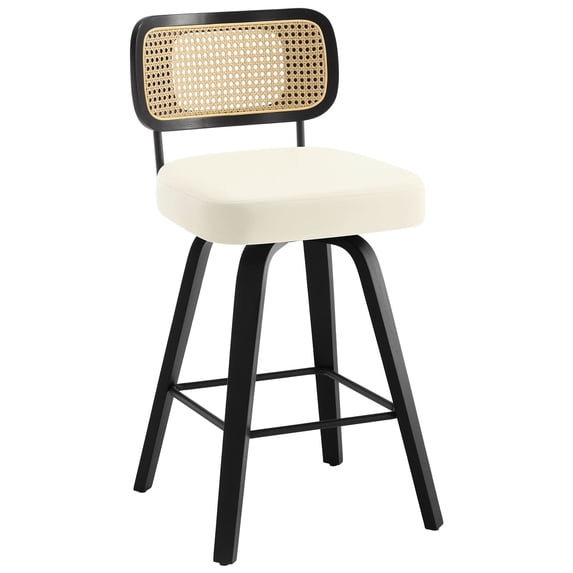 ANMINY Swivel Counter Height Bar Stools, Set of 1, Upholstered Faux Leather Barstools with Rattan Back, 26" Seat Height Bar Chairs for Kitchen Island, Bentwood Wood Frame