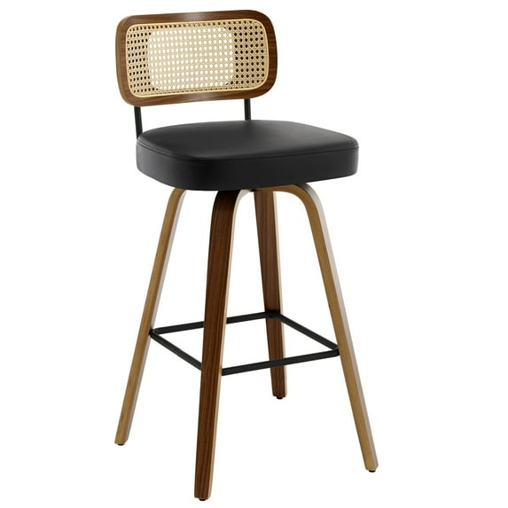 ANMINY Swivel Counter Height Bar Stools, Set of 1, Upholstered Faux Leather Barstools with Rattan Back, 29" Seat Height Bar Chairs for Kitchen Island, Bentwood Wood Frame