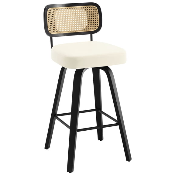 ANMINY Swivel Counter Height Bar Stools, Set of 1, Upholstered Faux Leather Barstools with Rattan Back, 29" Seat Height Bar Chairs for Kitchen Island, Bentwood Wood Frame