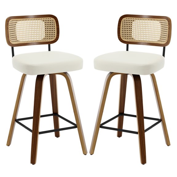 ANMINY Swivel Counter Height Bar Stools, Set of 2, Upholstered Faux Leather Barstools with Rattan Back, 26" Seat Height Bar Chairs for Kitchen Island, Bentwood Wood Frame