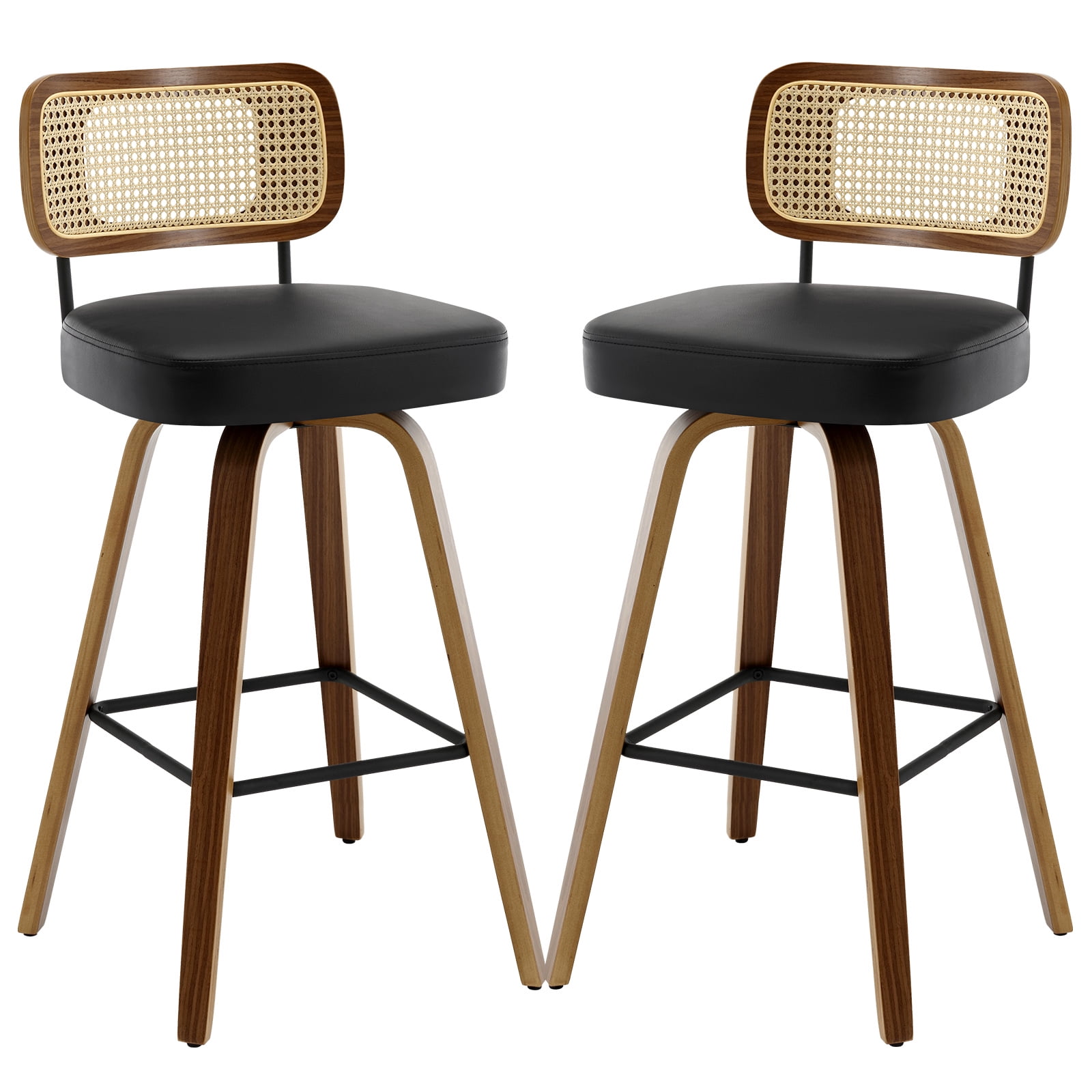 Black Swivel Bar Stools with Rattan Back and Wood Legs, Set of 2