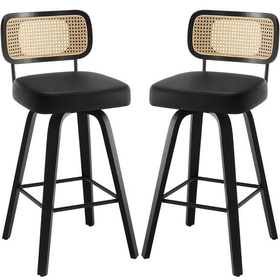 ANMINY Swivel Counter Height Bar Stools, Set of 2, Upholstered Faux Leather Barstools with Rattan Back, 29" Seat Height Bar Chairs for Kitchen Island, Bentwood Wood Frame