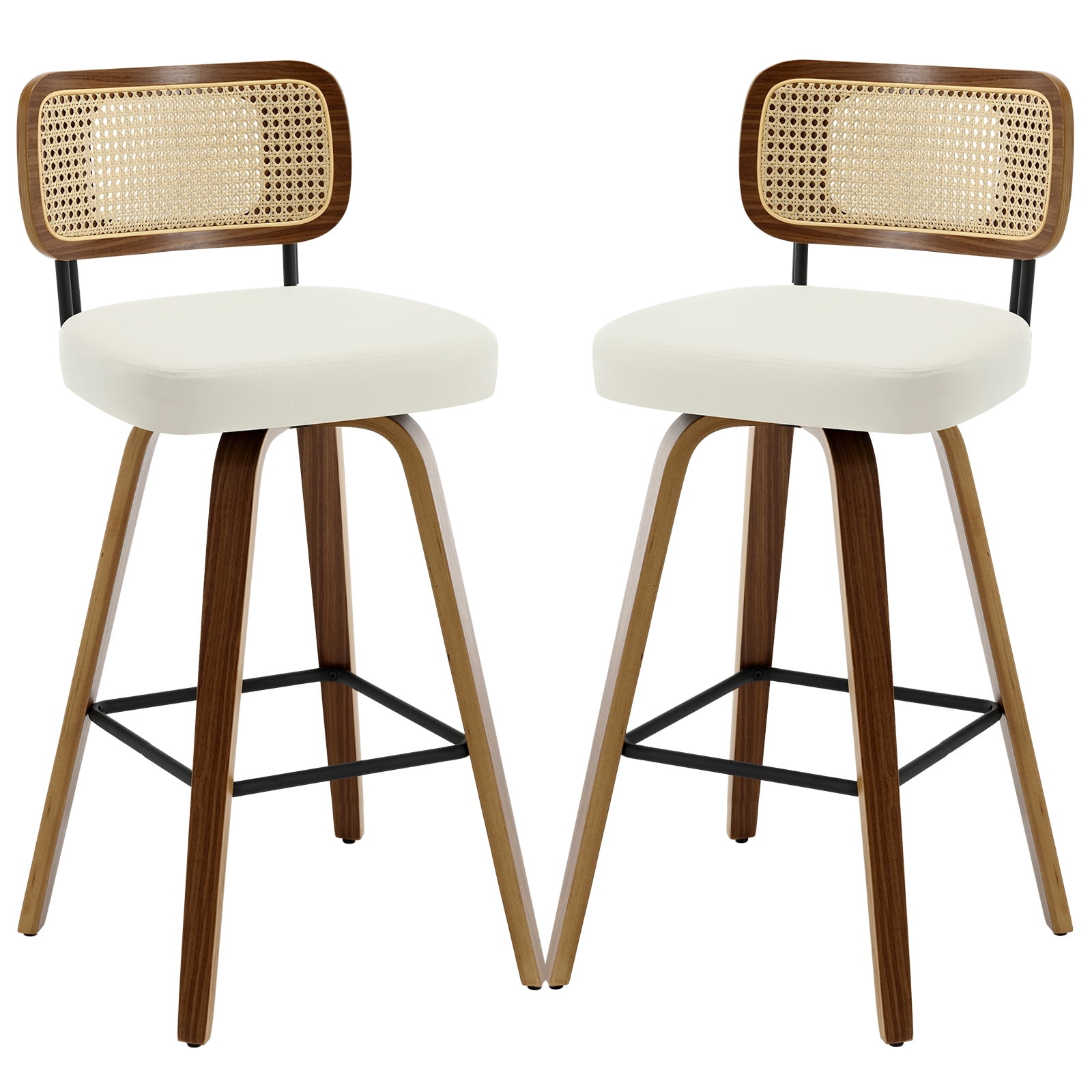 ANMINY Swivel Counter Height Bar Stools, Set of 2, Upholstered Faux Leather Barstools with Rattan Back, 29" Seat Height Bar Chairs for Kitchen Island, Bentwood Wood Frame