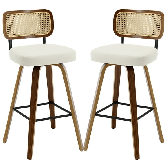 ANMINY Swivel Counter Height Bar Stools, Set of 2, Upholstered Faux Leather Barstools with Rattan Back, 29" Seat Height Bar Chairs for Kitchen Island, Bentwood Wood Frame