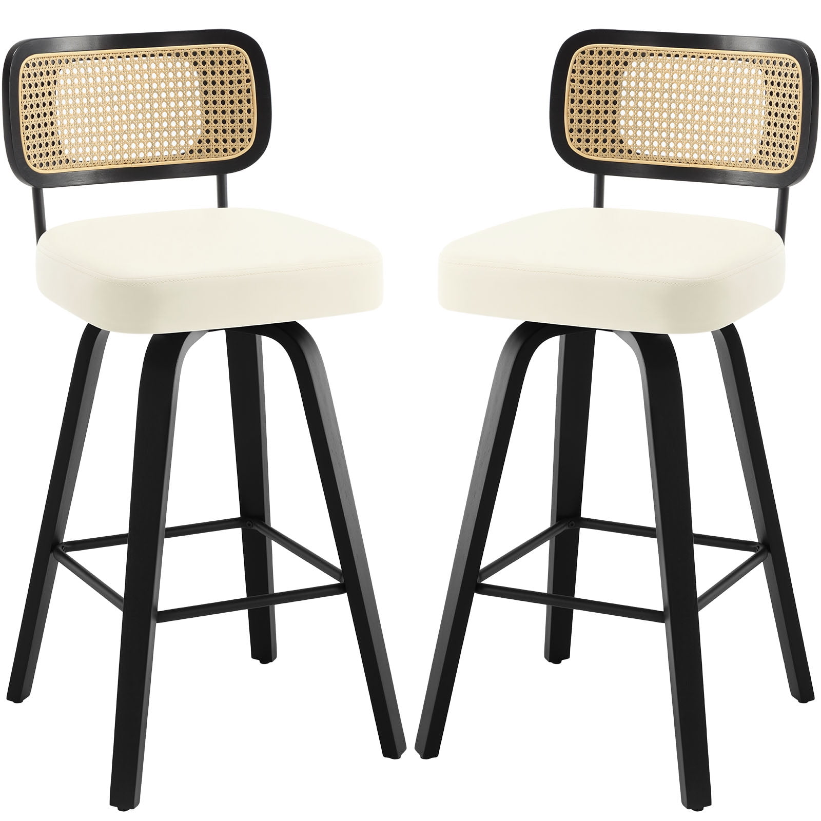 ANMINY Swivel Counter Height Bar Stools, Set of 2, Upholstered Faux Leather Barstools with Rattan Back, 29" Seat Height Bar Chairs for Kitchen Island, Bentwood Wood Frame