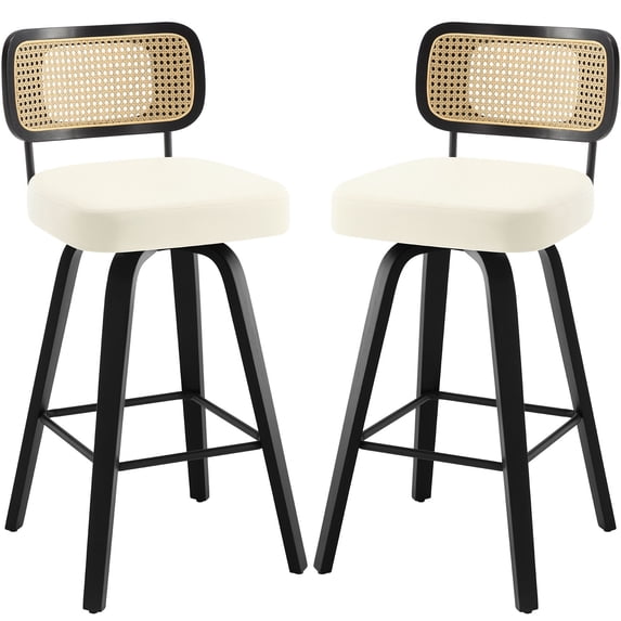 ANMINY Swivel Counter Height Bar Stools, Set of 2, Upholstered Faux Leather Barstools with Rattan Back, 29" Seat Height Bar Chairs for Kitchen Island, Bentwood Wood Frame