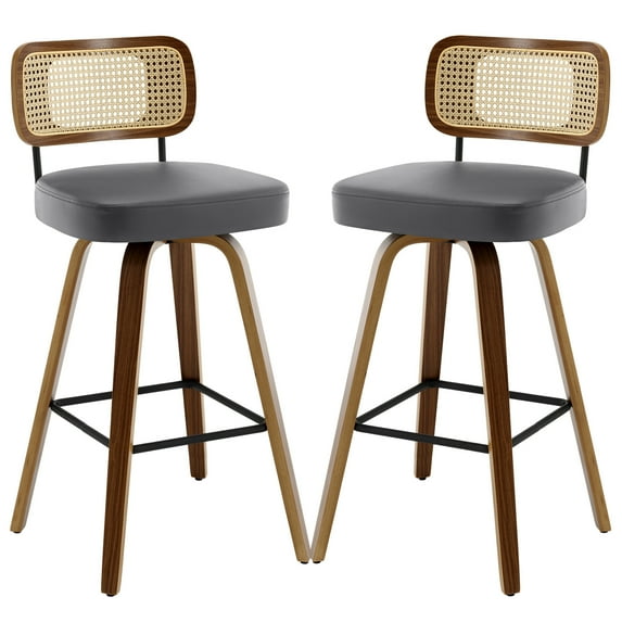ANMINY Swivel Counter Height Bar Stools, Set of 2, Upholstered Faux Leather Barstools with Rattan Back, 29" Seat Height Bar Chairs for Kitchen Island, Bentwood Wood Frame