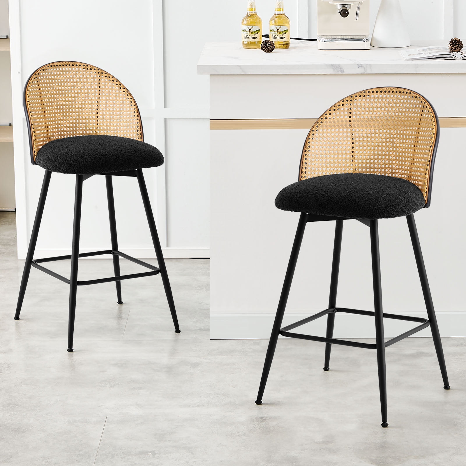 ANMINY Swivel Rattan Full Back Bar Stools, Black (Set of