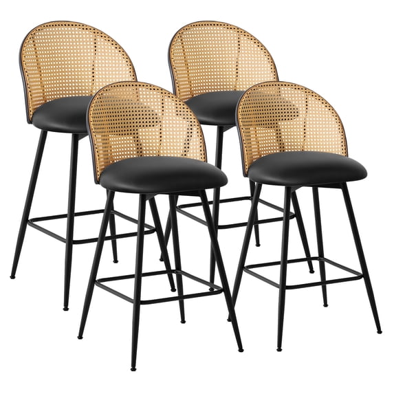 ANMINY Swivel Rattan Full Backrest Counter Height Bar Stools, Natural/Black (Set of 4)