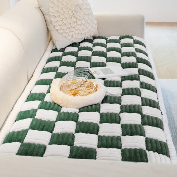 ANMINY Thick Fuzzy Checkered Couch Cover, Non-Slip Nordic Cream Sofa Protector Mat, Soft Flannel Furniture Cover