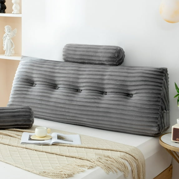 ANMINY Triangular Headboard Pillow Corduroy Velvet Removable Cover Neck Support Roll Side Pockets Twin