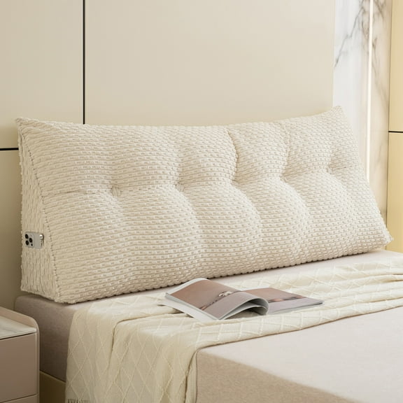 ANMINY Triangular Headboard Pillow with Side Pockets, Bed Rest Reading Pillow, Removable & Washable Cover, Wheat Ear Velvet Texture for Twin Beds