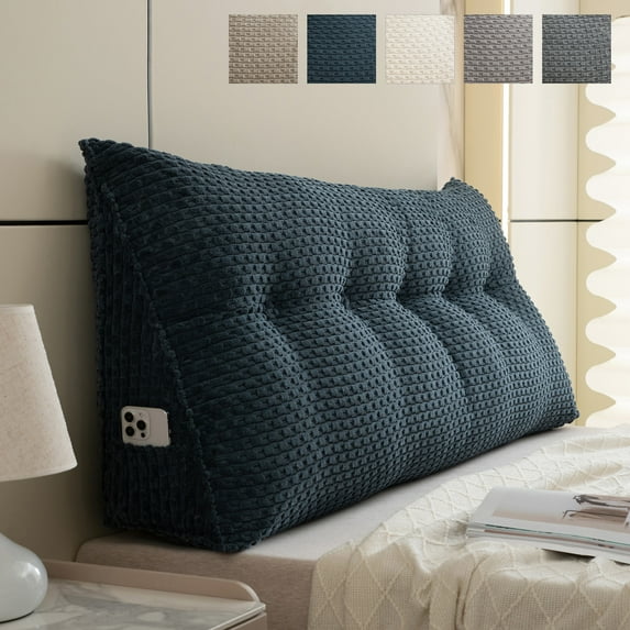 ANMINY Triangular Headboard Pillow with Side Pockets, Bed Rest Reading Pillow, Removable & Washable Cover, Wheat Ear Velvet Texture for Twin Beds