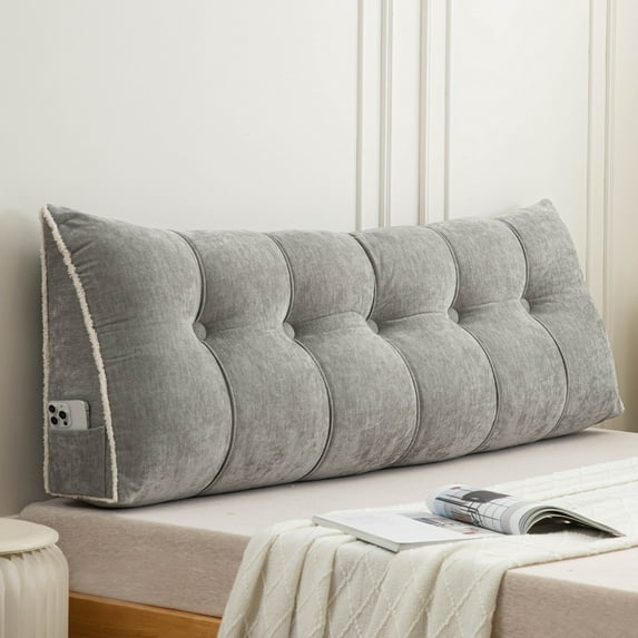 ANMINY Triangular Headboard Pillow with Side Pockets, Chenille Fabric, Bed Rest Reading Pillow, Removable & Washable Cover, Contrasting-Color Fabric Piping, Daybed Wedge Pillow for Twin Beds