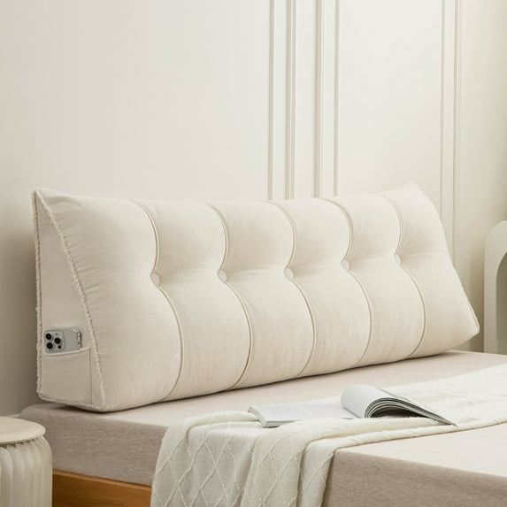 ANMINY Triangular Headboard Pillow with Side Pockets, Chenille Fabric, Bed Rest Reading Pillow, Removable & Washable Cover, Contrasting-Color Fabric Piping, Daybed Wedge Pillow for Queen Beds