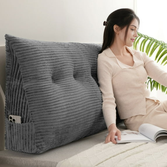 ANMINY Triangular Headboard Pillow with Side Pockets, Velvet Fabric, Vertical Stripe Pattern Bed Rest Reading Pillow, Removable & Washable Cover, Daybed Wedge Pillow for King Beds
