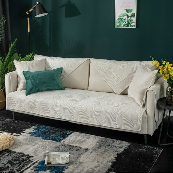 ANMINY Velvet Couch Cover Quilted Velvet Embossed Leaf Pattern Sofa Cover, Machine Washable Couch Protector for Pets & Kids