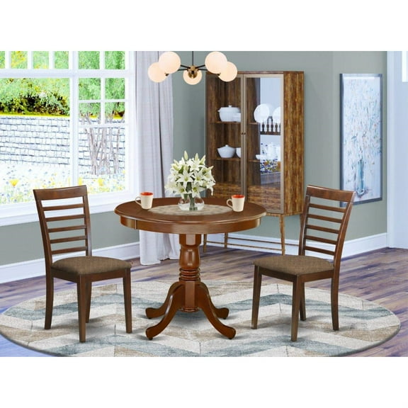 ANML3-MAH-C 3Pc Round Kitchen Dinette Set | Mahogany Finish | Compact Table for Small Spaces | Microfiber Upholstery Seats | Sturdy Frame | Affordable & Durable
