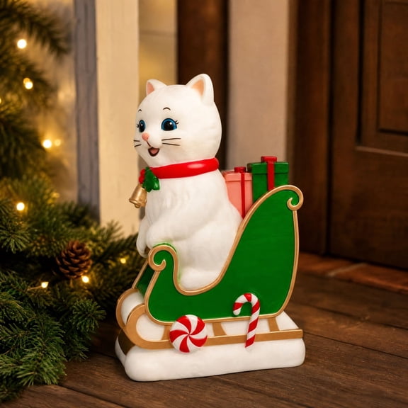 ANMUYUM Christmas White Cat Sleigh Resin Figurine,Cute Kitten Statue with Gift Boxes and Candy Cane,Festive Tabletop Ornament for Holiday Porch Mantel Indoor Home Decor(D 7.87in)