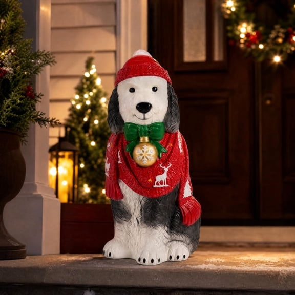 ANMUYUM Light Up Christmas Sheepdog Statue, Resin Dog Figurine in Red Sweater Winter Hat, LED Lit Festive Ornament for Indoor Outdoor Porch Yard Holiday Decor(J 7.87in)