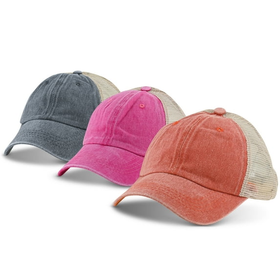 ANNA CAVALARY 3 Pack Trucker Hats for Men/Women - Washed Baseball Cap with Curved Bill for Outdoor Sports - Vintage Dad Hat, Mesh Back, Adjustable Buckle Closure (Peach/Pink/Gry)
