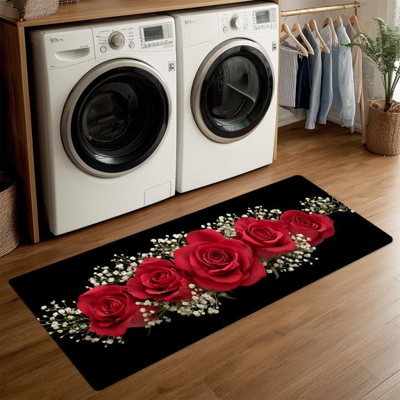 ANNA QUEEN Red Rose Bouquet Valentine's Day Laundry Room Rug 20x47 Inch - Elegant Floral Non Slip Runner Mat for Kitchen, Laundry and Romantic Home Decor Y101