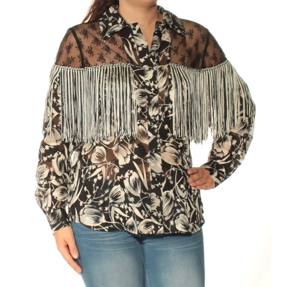 ANNA SUI $169 Womens New 1871 Black Beige Floral Fringed Sheer Top S B+B
