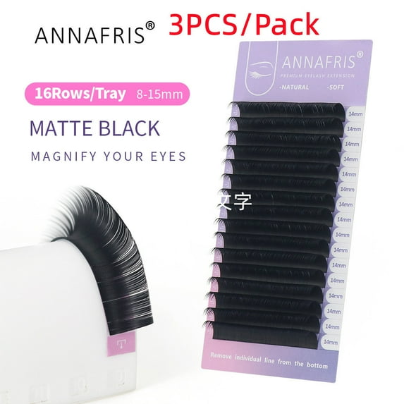 ANNAFRIS 3PCS Volume Eyelash Extension Pack - C D Curl, Matte Black, Salon Quality
