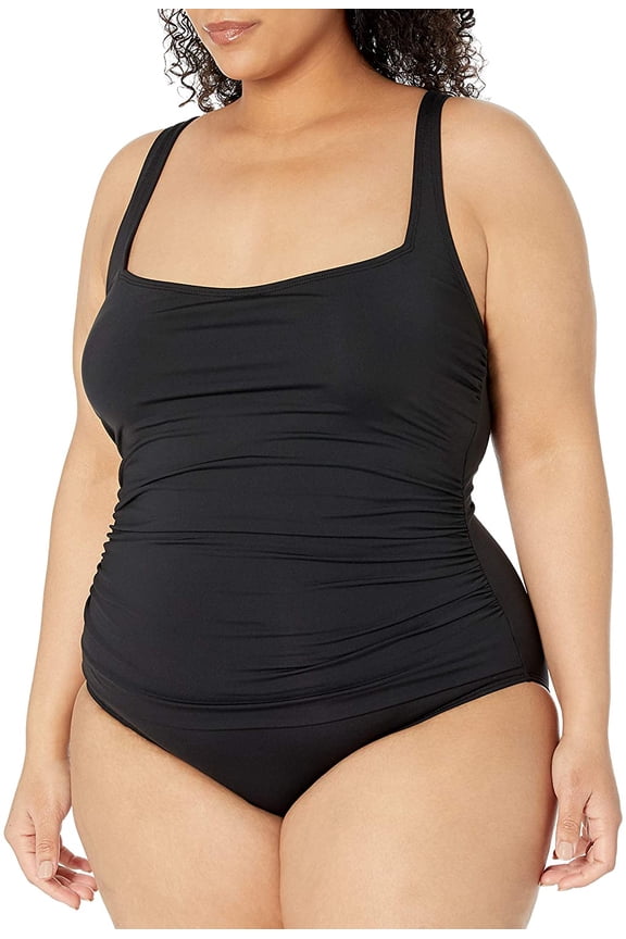Black Plus Square Neck Shirred One Piece Swimsuit, US 16W, NWOT