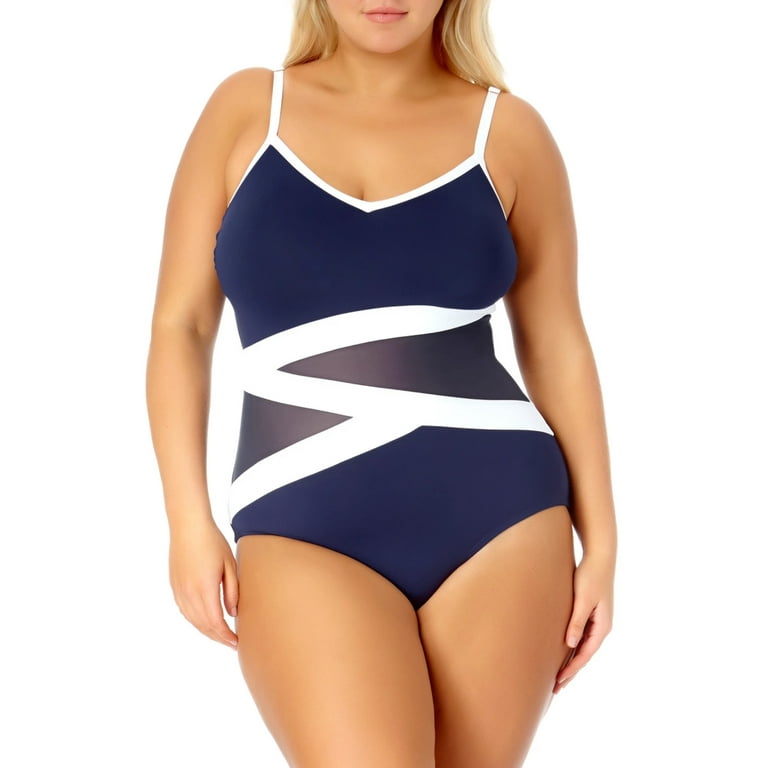 ANNE COLE Navy White Colorblock Mesh One Piece Swimsuit US 24W NWOT Walmart