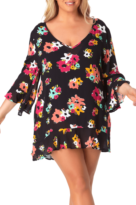 Women's Black Floral V-Neck Pull Over Style Ruffled Swimsuit Cover Up 18W\20W, Swimwear