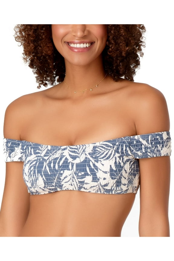 Women's Blue Printed Stretch Bandeau Removable Cups Smocked Off The Shoulder Swimsuit Top M