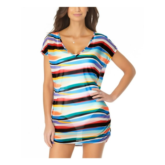 ANNE COLE Women's Coral Mesh Ruched Tunic Deep V Neck Swimsuit Cover Up XS\S
