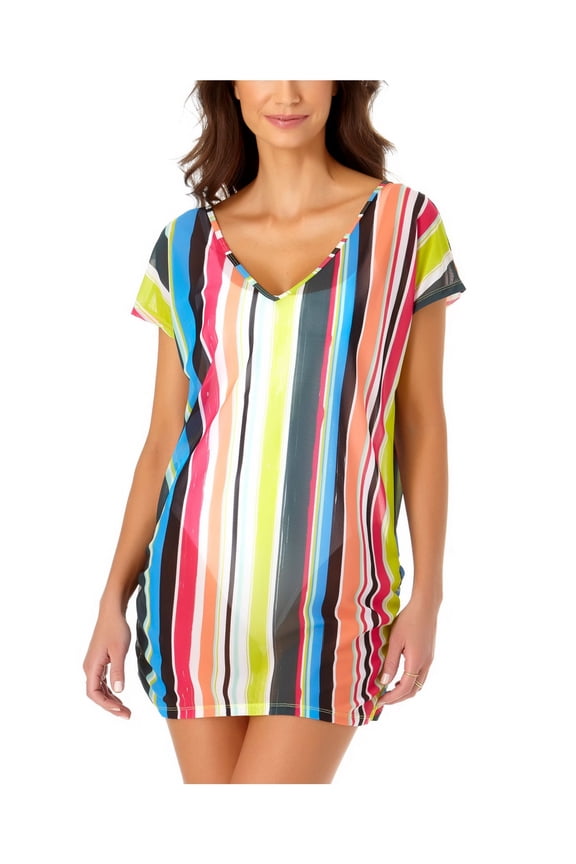 Women's Green Striped Sheer Deep V Neck Swimsuit Cover Up XS\S