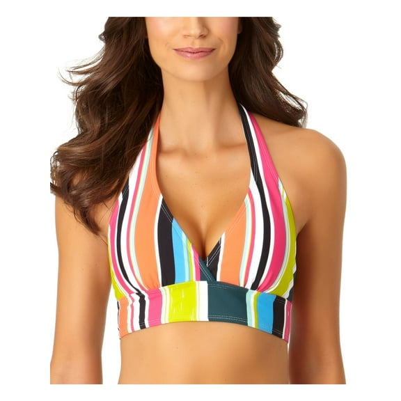 ANNE COLE Women's Multi Color Colorblocked Stripe Stretch Removable Cups Lined Deep V Neck Tie Halter Swimsuit Top XS