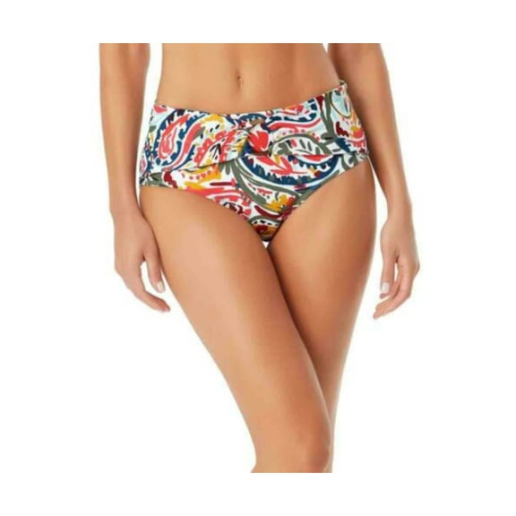 ANNE COLE Women's White Paisley Stretch Lined Full Coverage Ring High Waisted Swimsuit Bottom 18W