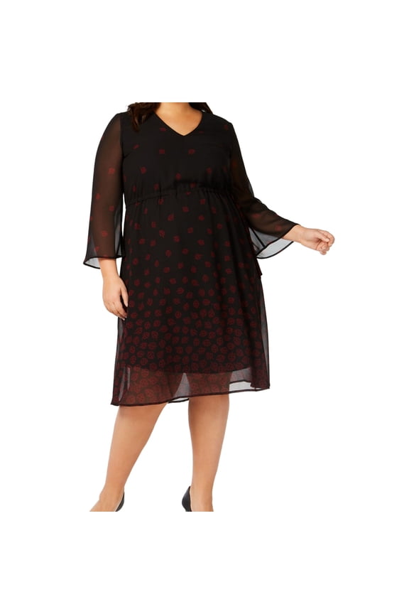 Womens Black Sheer Printed Bell Sleeve V Neck Above The Knee Party Dress Plus  Size: 24W